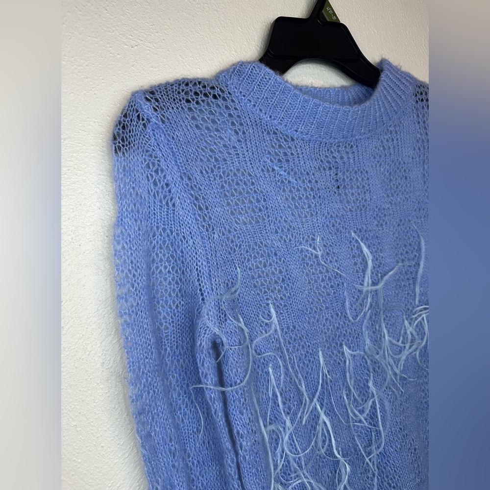Zara Womens Knitted Sweater Pullover Feather Fringe Size M Blue Wool Blend - Picture 4 of 11